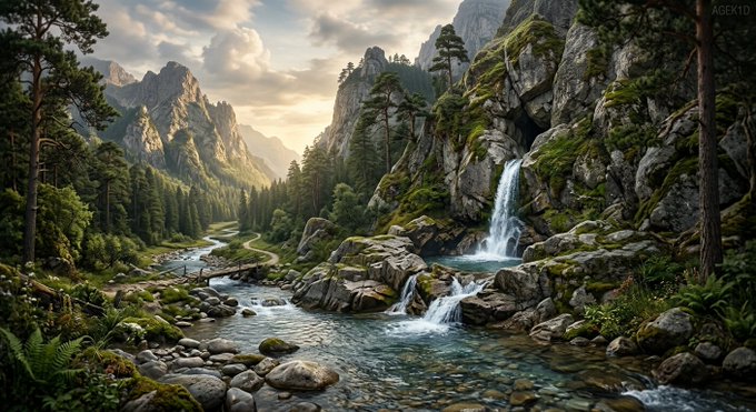 A picturesque landscape scene depicting a clear mountain stream with cascading waterfalls, surrounded by moss-covered rocky cliffs, lush green pine trees, and ferns under a dramatic sky with soft clouds.