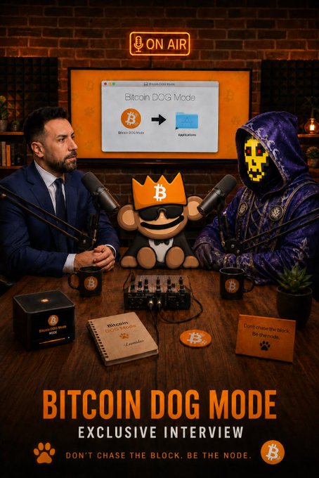A podcast thumbnail titled "BITCOIN DOG MODE EXCLUSIVE INTERVIEW" showing a suited host alongside a hooded Bitcoin logo-masked guest, with an on-screen graphic reading "Bitcoin DOG Mode" alongside the Bitcoin and Dog emojis, and the tagline "DON'T CHASE THE BLOCK. BE THE NODE." The image serves as promotional artwork for the interview featuring David Gokhshtein, LeonidasNFT, and CryptoLandy discussing the Bitcoin DOG Mode concept.
