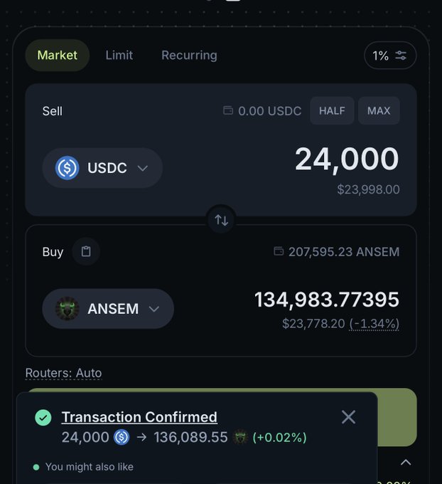 A trading interface displays a successful swap of 24,000 USDC for 136,089.55 ANSEM tokens, confirming the $24k purchase of $ANSEM mentioned in the post to lower the buyer's average cost basis to $0.25.