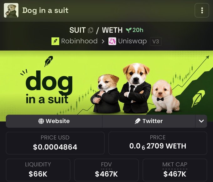 A cryptocurrency trading dashboard for "Dog in a suit" (ticker $SUIT) showing a SUIT/WETH trading pair on Robinhood via Uniswap v3, with the token priced at $0.0004864 (0.00000002709 WETH), a market cap of $467K, and FDV of $467K. The image visually supports the post's playful thesis of needing to look "presentable on-chain for Wall-St," featuring three puppies dressed in business suits alongside the token's branding.