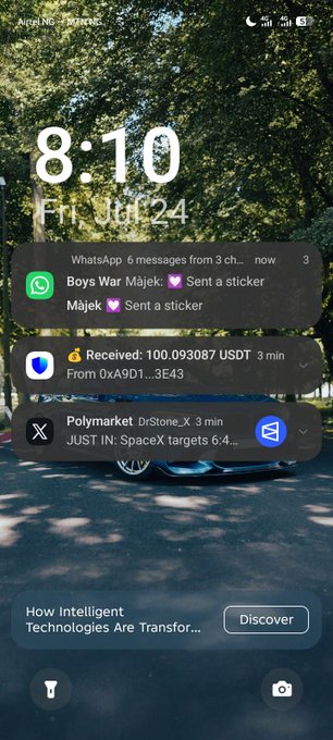 iPhone lock screen at 8:10 on Friday, July 24 showing notifications including WhatsApp messages from 'Boys War Màjek' and a Polymarket alert about SpaceX targets reaching 6.4.