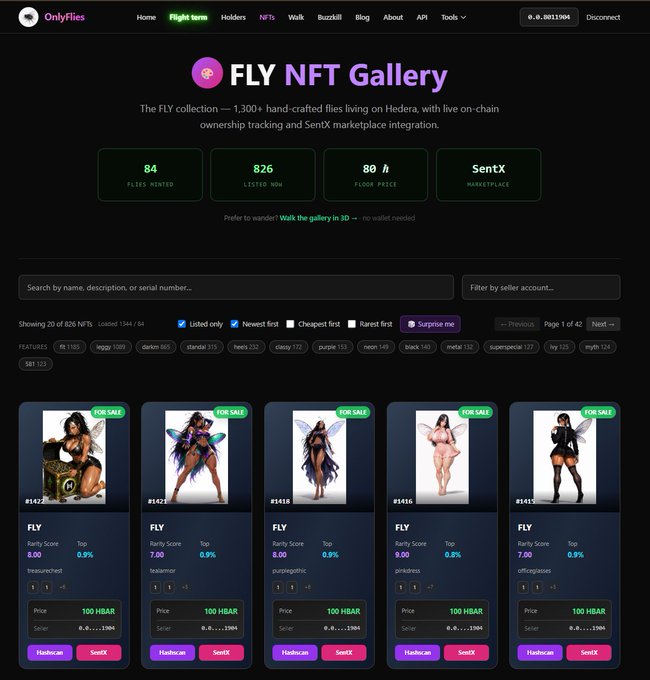 A screenshot of the "FLY NFT Gallery" on OnlyFlies displays 1,300+ hand-crafted flies on Hedera, showing 84 minted flies with a floor price of 80 HBAR, and listing NFTs for sale at 100 HBAR each with features like "treasurechest," "teamarmor," "purplenymph," "princess," and "officeglasses."