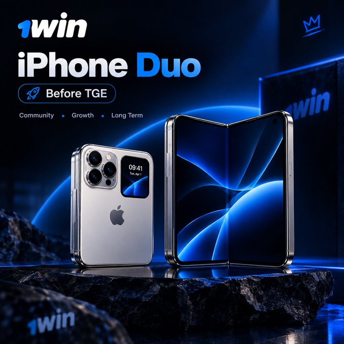 A promotional advertisement for '1win iPhone Duo' featuring an iPhone Pro and a foldable iPhone displayed on rocks with a blue glowing background, tagged 'Before TGE' with 'Community, Growth, Long Term'.