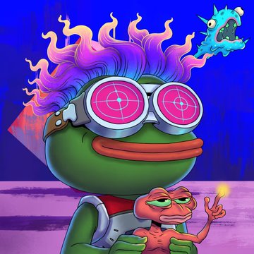 A cartoon frog with vibrant purple and pink hair and pink target-style goggles holds a Pepe the Frog character, with a small blue monster floating above, all set against a bold blue and purple background. The whimsical meme-style imagery reflects the post's enthusiasm for the @whacky_whales NFT community project and its ongoing engagement with holders.