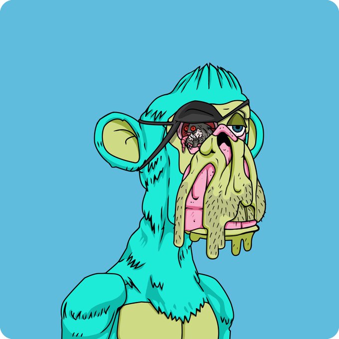 A cartoon illustration of a green zombie-like monkey character with a grotesque, melting face and a black cap against a blue background.