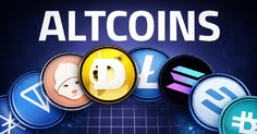 A graphic titled 'ALTCOINS' featuring logos of various cryptocurrencies including Dogecoin, Litecoin, Solana, and others against a dark background.