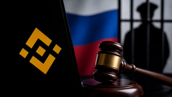 A composite image showing the Binance logo on a laptop screen, a wooden gavel, the Russian flag, and a silhouette of a person in uniform behind bars.