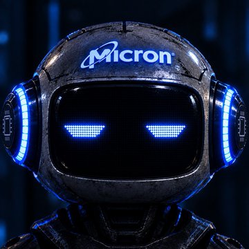 A close-up of a futuristic metallic robot head with glowing blue LED eyes and the 'Micron' logo displayed on its forehead.