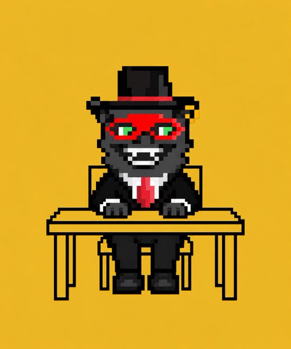 A pixel art character resembling a black cat dressed in a black suit, red tie, and top hat, wearing a red domino mask while sitting at a yellow desk.