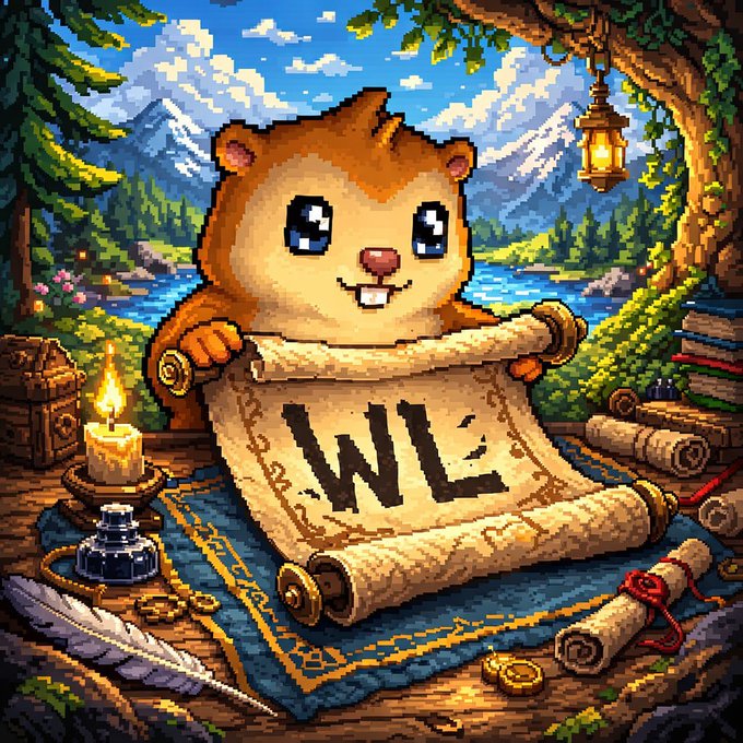 A pixel art illustration of a cute orange hamster holding an unfurled scroll with "WL" (whitelist) written on it, set in a fantasy landscape with mountains, a lake, a lantern, and a candle-lit wooden table with a quill and ink.