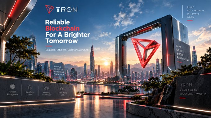 A promotional banner for 'TRON' blockchain, featuring a futuristic cityscape with a large TRON logo monument and the text 'Reliable Blockchain For A Brighter Tomorrow' and 'A MORE OPEN BLOCKCHAIN WORLD'.