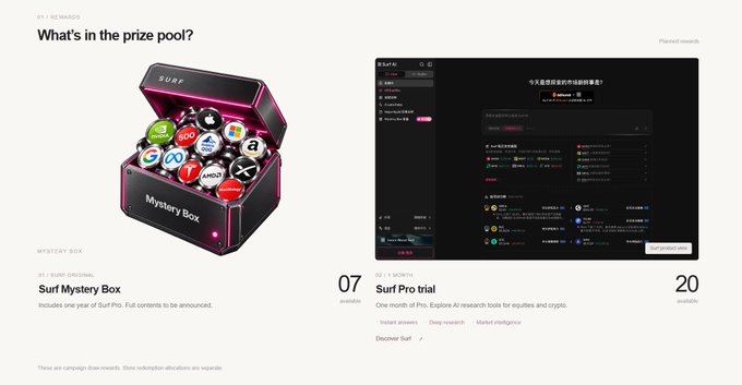 A webpage displays prize information including a 'Surf Mystery Box' and 'Surf Pro trial', with Chinese text visible on the right side.