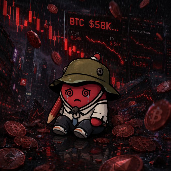 A distressed red cartoon character wearing a bucket hat and tie sits among scattered Bitcoin coins in a dark, rainy cyberpunk setting, with a crypto chart displaying "BTC $58K..." showing a drop "FROM $64K TO $58K" and "$1.2B+" in liquidations. The image visually represents the brutal market crash and massive liquidations referenced in the Web3 summary, capturing the despair of traders amid sharp price declines.