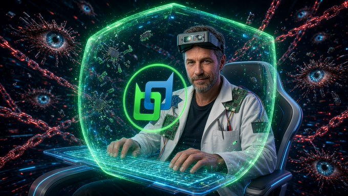 A digital/AI-generated artwork showing a man wearing a VR/AR headset and a lab coat, typing on a glowing transparent keyboard, surrounded by a green energy shield with a corporate logo, set against a backdrop of red coronavirus-like particles.