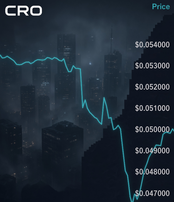 A price chart for the CRO cryptocurrency ticker is overlaid on a dark, foggy cityscape, showing the price dropping from around $0.054 down to a low near $0.047 before rebounding toward $0.049. The accompanying caption highlights that CRO weathered the recent "Trump Crash," with the user noting they bought in below the 5-cent mark shown on the chart.