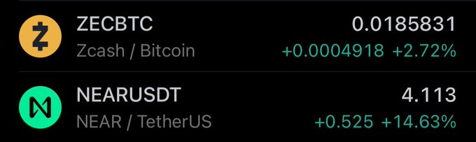 A cryptocurrency price list displays ZECBTC (Zcash/Bitcoin) at 0.0185831 (+2.72%) and NEARUSDT (NEAR/TetherUS) at 4.113 (+14.63%).