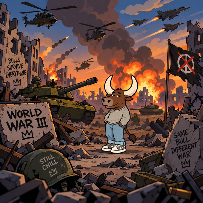 Cartoon illustration of the Chill Bull mascot standing in a war-torn battlefield with tanks, helicopters, fighter jets, and explosions, with signs reading 'BULLS SURVIVE EVERYTHING', 'WORLD WAR III', 'STILL CHILL', and 'SAME BULL DIFFERENT WAR'.