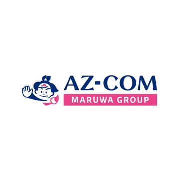 The image shows the AZ-COM MARUWA GROUP logo featuring a cheerful cartoon mascot waving beside the company name in blue and pink text. The logo corresponds to the Japanese logistics company mentioned in the post, which is set to pay its 2,300 partner carriers and independent drivers using the yen-backed stablecoin $JPYC.