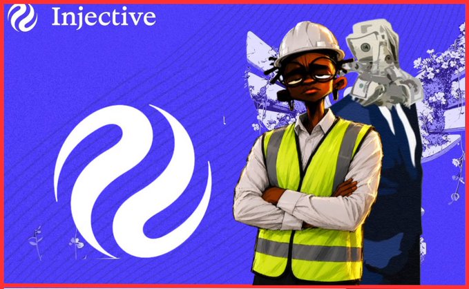 A stylized graphic with the 'Injective' logo and name on a blue background, featuring an illustrated character in a hard hat and yellow safety vest with arms crossed.