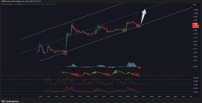 A TradingView chart of XRP/USD on the weekly timeframe shows the price breaking back inside an ascending channel (highlighted by a white arrow), with the RSI forming a bullish EMA golden cross and momentum indicators attempting to turn bullish. Visible text includes the TradingView header showing XRP/USD data as of August 24, 2025, with a current price around 3.1258.
