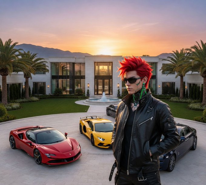 The image features a man wearing sunglasses, standing next to four luxury cars parked outside an upscale residence or mansion. The cars include a red sports car, a yellow sports car, and two other luxury vehicles. The setting suggests that these cars are likely used for special events or high-end social gatherings. The post about blockchains and liquidity also mentions the development of Web3, which could potentially impact the automotive industry by changing how transactions occur between buyers and sellers in the future.
