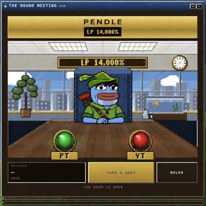 A retro Windows-styled application window titled "THE BOARD MEETING.exe" showing a Robin Hood-like character named "PENDLE" with "LP 14,000%" at a conference table with PT and YT buttons and "TAKE A SEAT" option