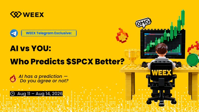 A yellow WEEX promotional graphic featuring a lego-style figure at a computer analyzing a green upward chart, with text announcing a "Telegram Exclusive: AI vs YOU: Who Predicts $SPCX Better?" contest running Aug 11 – Aug 14, 2026, offering 20 winners 5 USDT for sharing an AI prediction screenshot alongside their own bull or bear call.