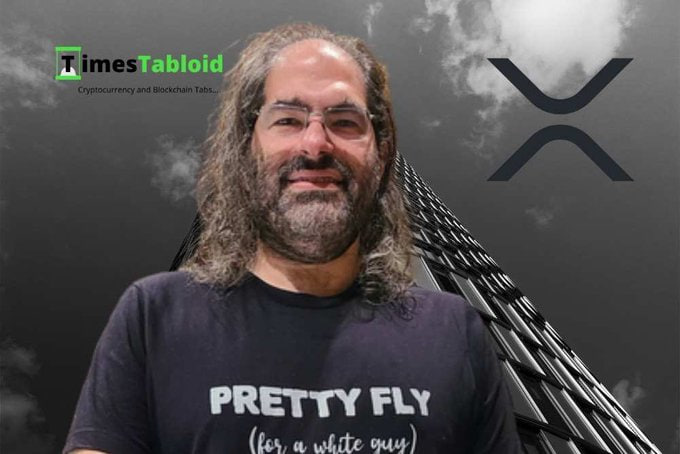 David Schwartz, Ripple's Chief Technology Officer, stands in front of the XRP Ledger logo wearing a "PRETTY FLY (for a white guy)" t-shirt, with the TimesTabloid watermark in the corner. The image accompanies a post emphasizing that no single entity—not even Ripple—can control the XRP Ledger, reinforcing Schwartz's role as a key voice advocating for XRP's decentralized nature.