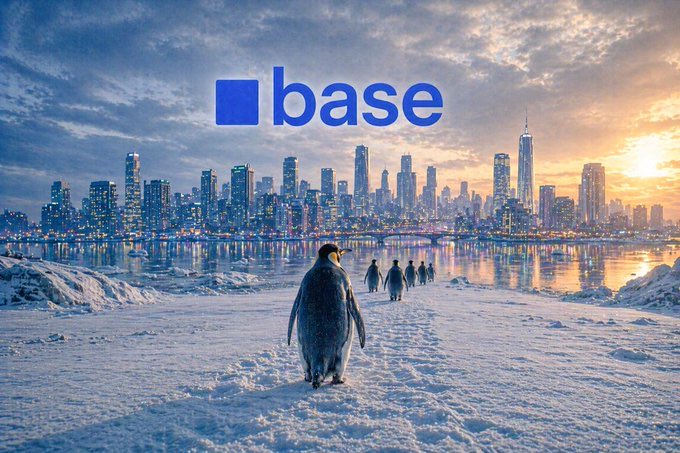 The image features a penguin standing in the snow, surrounded by other penguins walking around. The scene takes place near a city skyline with tall buildings, including one that has "base" written on its side. The text at the bottom of the image reads, "While others compete for attention @base keeps expanding the onchain playground More builders more users more real world adoption That's how ecosystems win". This post seems to be promoting the idea that a well-designed ecosystem can attract and retain users, similar to how a city skyline attracts people.