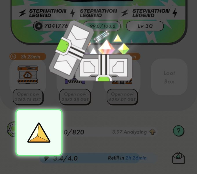 The image shows a close-up view of an alert or pop-up screen with a green triangle on the left side, which has the text "open now" below it. The background appears to be a smartphone screen displaying various icons related to a social media platform. In the bottom right corner, there is a message with a thumbs up symbol and a question mark, possibly asking for user input or feedback. The image also contains several small squares with information about the app or game being played or used, providing additional context to the scene.