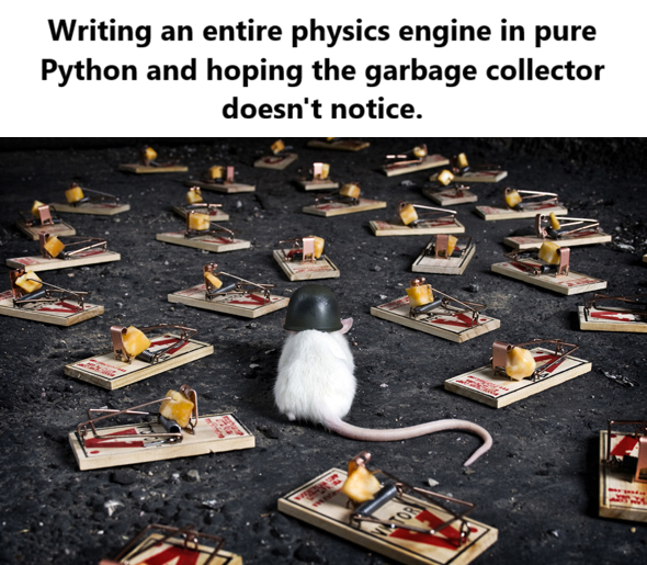 A meme showing a mouse wearing a tiny helmet among a field of mousetraps, captioned: "Writing an entire physics engine in pure Python and hoping the garbage collector doesn't notice."