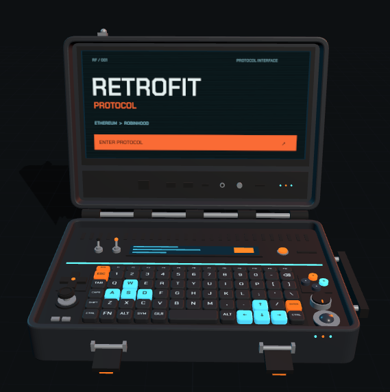 A 3D rendering of a retro-futuristic rugged laptop displaying the 'RETROFIT PROTOCOL' interface on its screen.