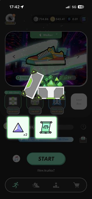 The image shows a phone screen displaying an app icon for a game called "Worker" with a green triangle symbol, a white box, and a pair of shoes. The text at the bottom of the image reads "Got Minsk Feeling like I avenged the previous one, which was just MB4 with only purple Lv1 ×2, lol #STEPN #stepn_activationcode 51541932". This suggests that the user has recently completed a game or task in the app and is now ready to start another.