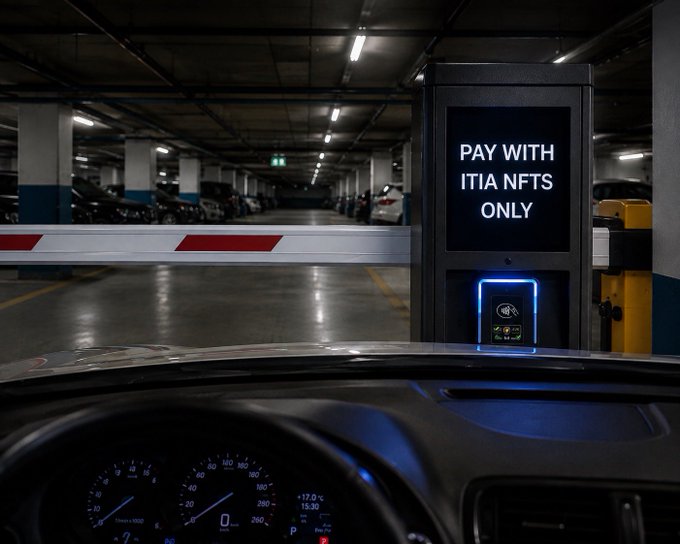 A driver's view inside a car approaching a parking garage barrier with a payment kiosk displaying 'PAY WITH ITIA NFTS ONLY' and an NFC scanning area illuminated in blue.
