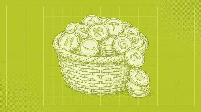 A wicker basket overflowing with stylized coins branded with major tech logos (Apple, Microsoft, Tesla, Google, Amazon, Nvidia) is illustrated in green line art. The image visually represents the concept of "Baskets," a system allowing coin creators to allocate fees toward baskets or individual stocks like AAPL, MSFT, TSLA, GOOG, AMZN, and NVDA.