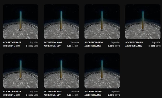 A grid of seven NFT cards labeled "ACCRETION" (#406-412) each showing a blue beam of light striking Earth, all with identical top offer bids of 0.0041 ETH by MDV.