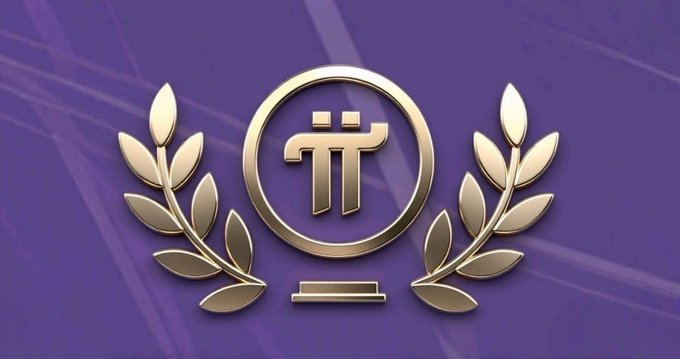 A gold Pi Network emblem framed by laurel branches against a purple backdrop symbolizes the speculative notion of $PI introducing a token burn mechanism, currently absent from the cryptocurrency ecosystem.