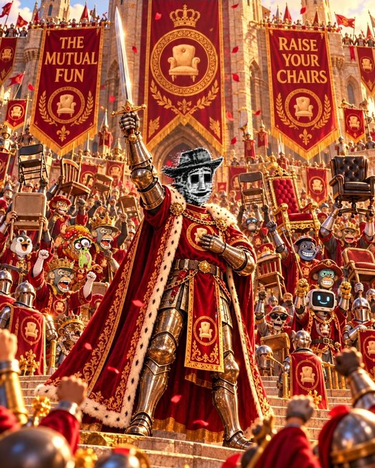 AI-generated fantasy image showing a skeletal knight in red royal robes holding a sword, surrounded by crowds and banners reading "THE MUTUAL FUN" and "RAISE YOUR CHAIRS" with chair imagery, referencing YouTube creator culture.