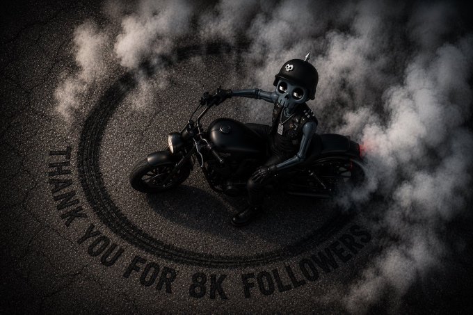 A 3D-rendered alien character wearing a black leather jacket and helmet sits on a black motorcycle performing a burnout, with tire marks on the ground spelling 'THANK YOU FOR 8K FOLLOWERS' amidst smoke.