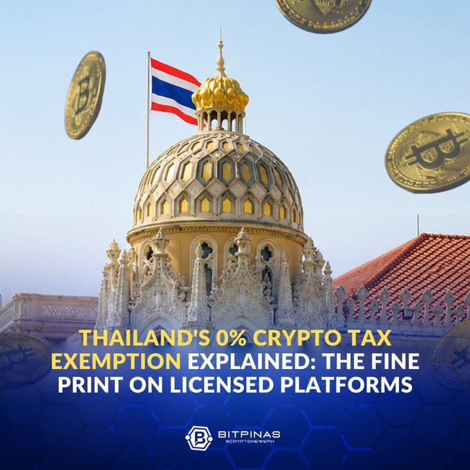 A promotional graphic for BitPinas titled 'THAILAND'S 0% CRYPTO TAX EXEMPTION EXPLAINED: THE FINE PRINT ON LICENSED PLATFORMS' featuring an ornate golden domed building with a Thai flag and Bitcoin coins floating around it.