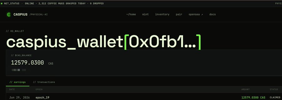 A Caspius wallet dashboard (0x0fb1...) displays a balance of 12579.0300 CAS tokens, illustrating the user's ongoing investment and earnings from the @caspius_ai physical-AI platform referenced in the post.