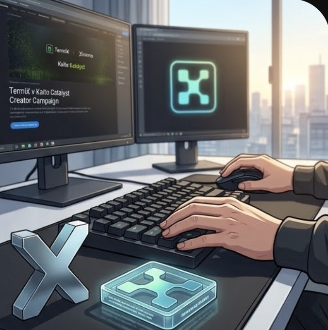 An illustrated workspace scene showing hands typing on a keyboard and using a mouse, with dual monitors displaying 'Termix' and 'Kaito Catalyst' interfaces and a glowing X (Twitter) logo.