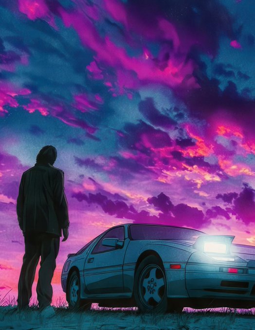 The image features a man standing near a car, with a purple sky behind him. The car appears to be a sports car or convertible, which adds an element of style to the scene. The background of the image also includes clouds, further emphasizing the connection between the man and his vehicle. The post seems to be promoting a product or service related to cars, as indicated by the use of the word "@wallchain" in one sentence and the presence of a website address in another.