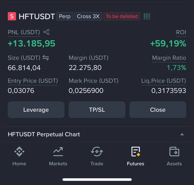 A cryptocurrency trading app screen showing an HFTUSDT perpetual position with +13,185.95 USDT PNL and +59.19% ROI, marked as "To be delisted."