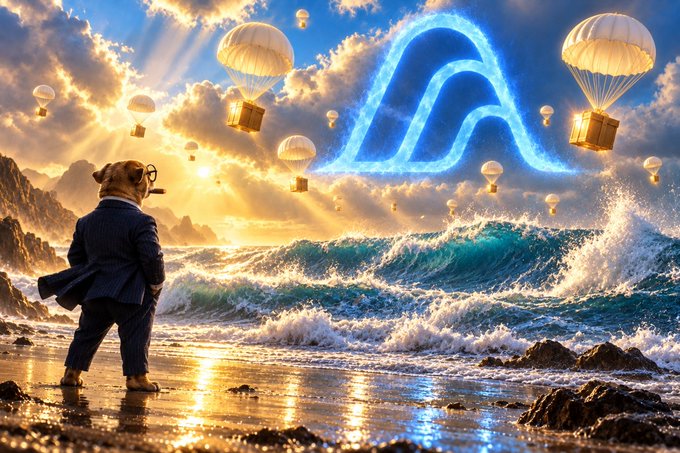 A dog wearing a suit and glasses stands on a beach watching massive waves, with floating parachutes carrying boxes descending from a sky displaying a large glowing blue 'A' logo.