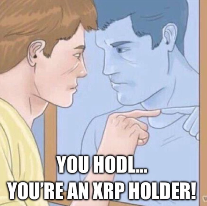 A meme image shows a person looking in a mirror at a stern reflection pointing back at them, with the caption "YOU HODL... YOU'RE AN XRP HOLDER!"