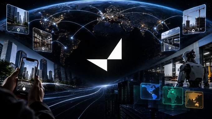 A futuristic digital collage shows a globe at night with glowing network connections between cities, smartphones, a humanoid robot, server racks, and world map icons surrounding a central logo.