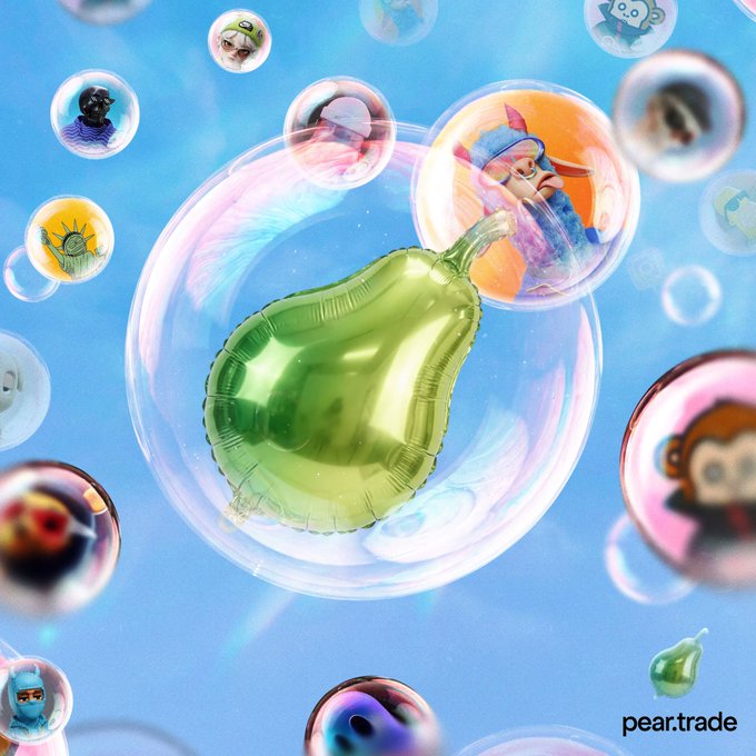 An artistic image featuring a translucent green pear inside a large soap bubble, surrounded by smaller bubbles containing various cartoon character illustrations (including what appears to be a knight, monkey, and other figures) against a sky background, with 'pear.trade' branding in the corner.