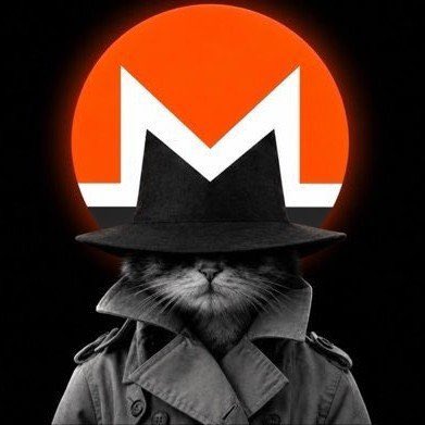 A digital artwork depicts a cat wearing a trench coat and fedora, with an orange and white 'M' logo (Monero cryptocurrency) superimposed behind it as a sun.