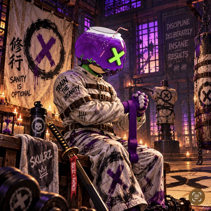 A straitjacketed samurai figure with a purple fishbowl head marked by a neon green "X" sits in a candle-lit training hall, surrounded by banners reading "SANITY IS OPTIONAL," "TRAIN THE INSANITY," "DISCIPLINE DELIBERATELY INSANE RESULTS," and a flag labeled "SKULRZ," tying into the SkulRz community's launch of "FishBowl Fridays" and the latest NFT acquisition.